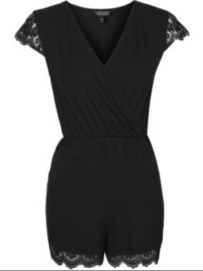 Topshop PETITE Black V-Neck Romper with Lace Trim